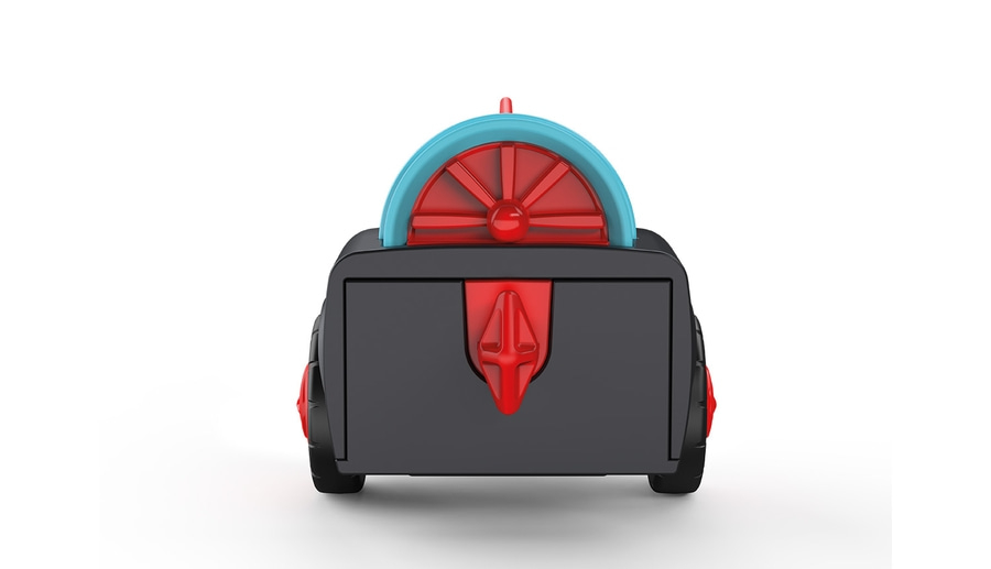 Spielzeugauto mit rotem und blauem Design, Frontansicht, isoliert auf weißem Hintergrund.