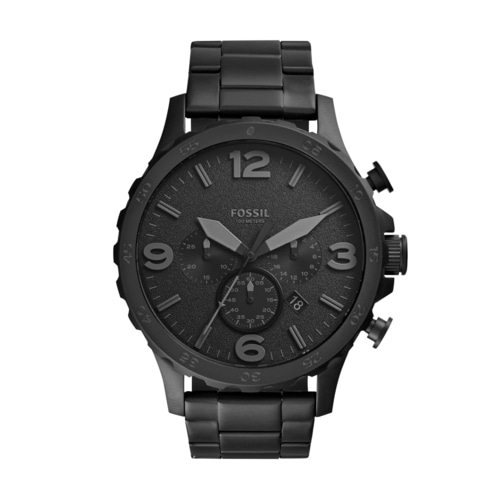 Schwarze Fossil-Uhr mit Chronographen-Funktion, Ziffernblatt, Armband, 100 Meter wasserdicht.