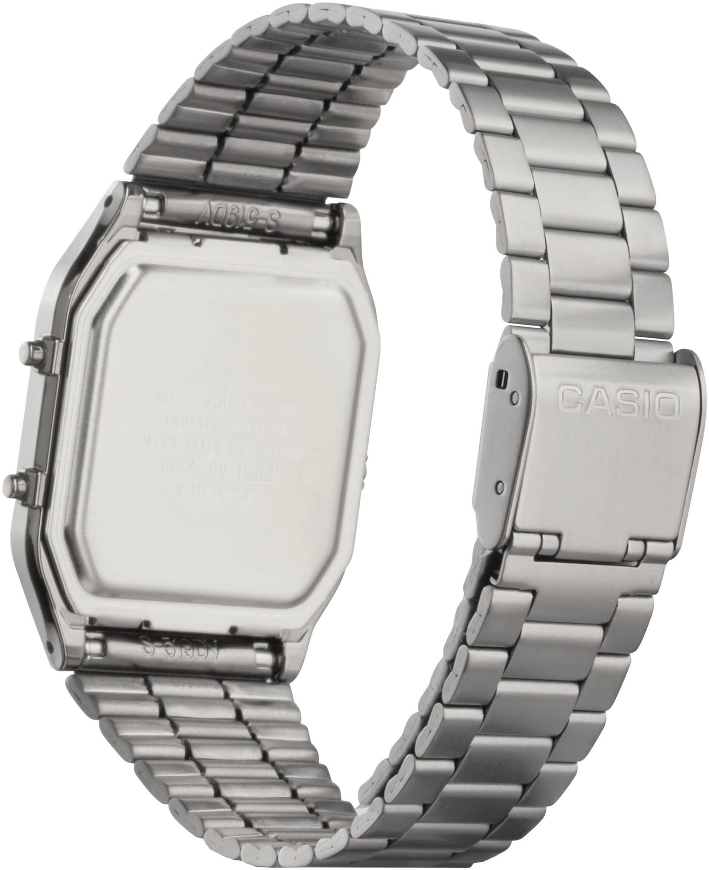 Casio Uhr, Edelstahl, silberfarben, Armband, Detailaufnahme, Nahaufnahme, Rückseite, Verschluss