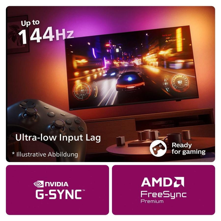 Gaming-Monitor mit 144Hz, Ultra-Low Input Lag, NVIDIA G-SYNC und AMD FreeSync Premium.