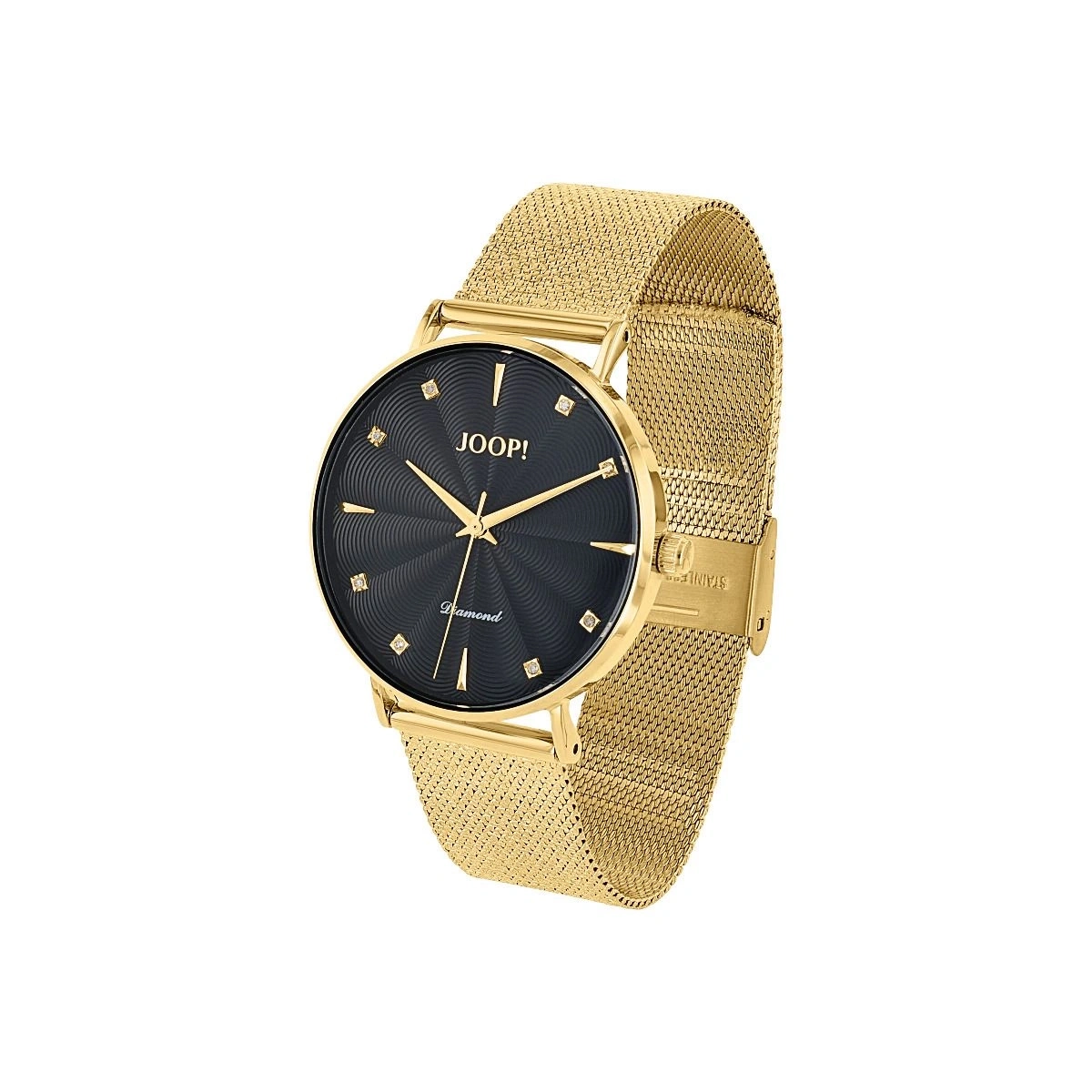 Eine goldene Damenuhr mit schwarzem Zifferblatt und goldenem Mesh-Armband