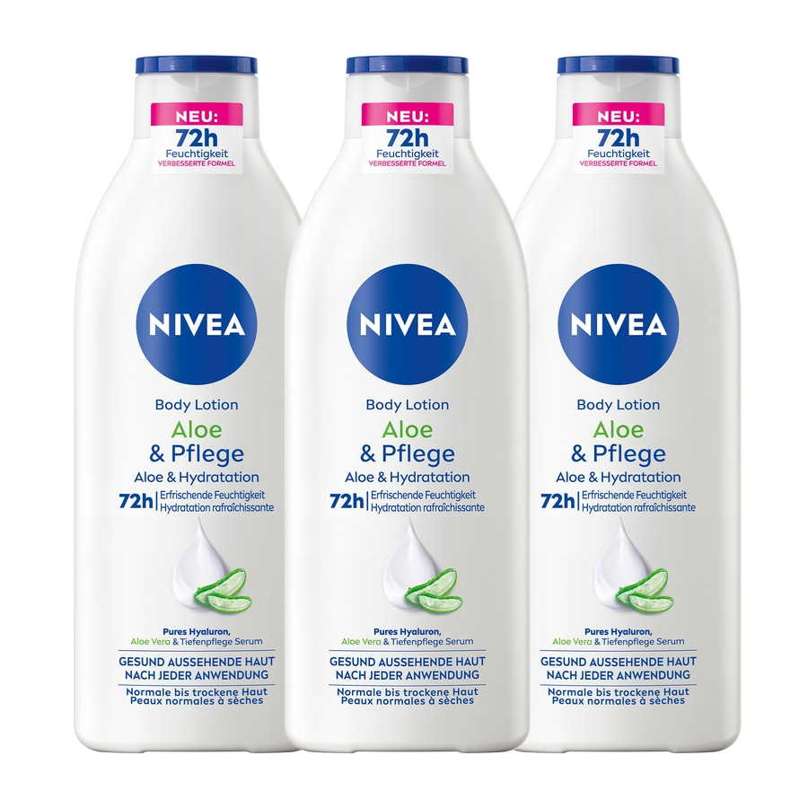NIVEA Body Aloe & Pflege Lotion 3 x 400ml Hyaluron, Aloe Vera & Tiefenpflege