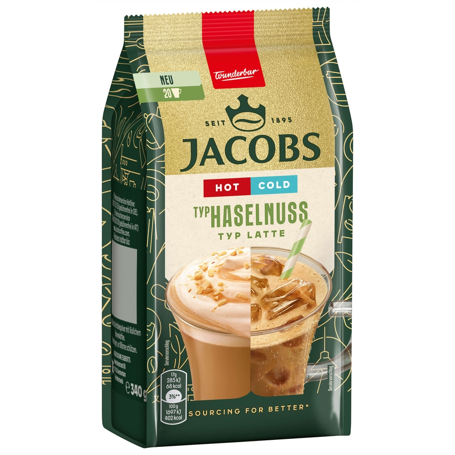 JACOBS Löskaffee TYP HASELNUSS LATTE Hot Cold 12 x 340 g Beutel Instantkaffee