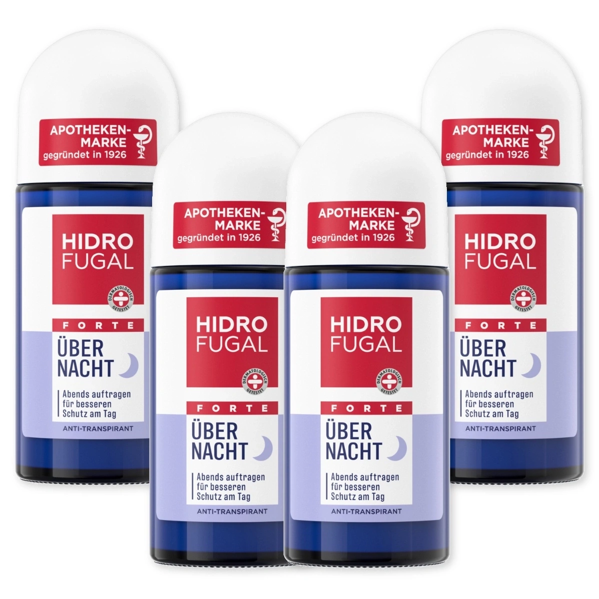 Vier Hidro Fugal Über Nacht Deodorants mit deutscher Beschriftung.