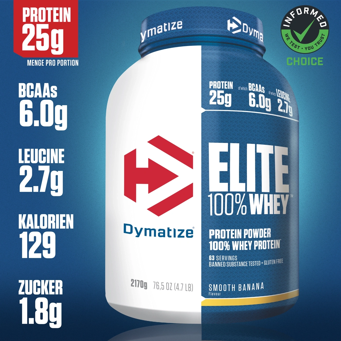 Dymatize Elite 100% Whey Protein Pulver, 25g Protein, 6.0g BCAAs, 2.7g Leucin, 129 Kalorien, 1.8g Zucker