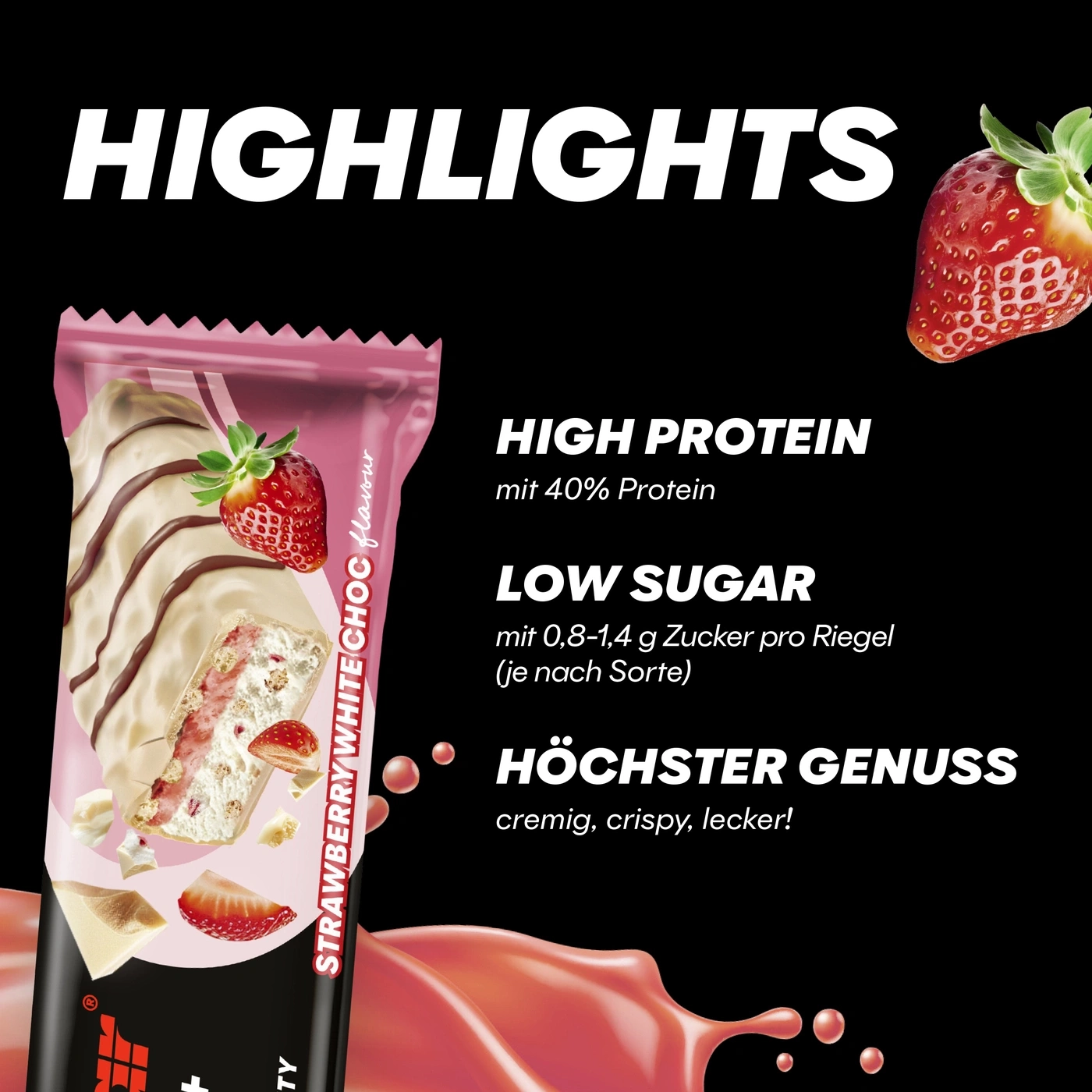Proteinriegel mit Erdbeer-White-Choc-Geschmack, hohe Proteinwerte, wenig Zucker.