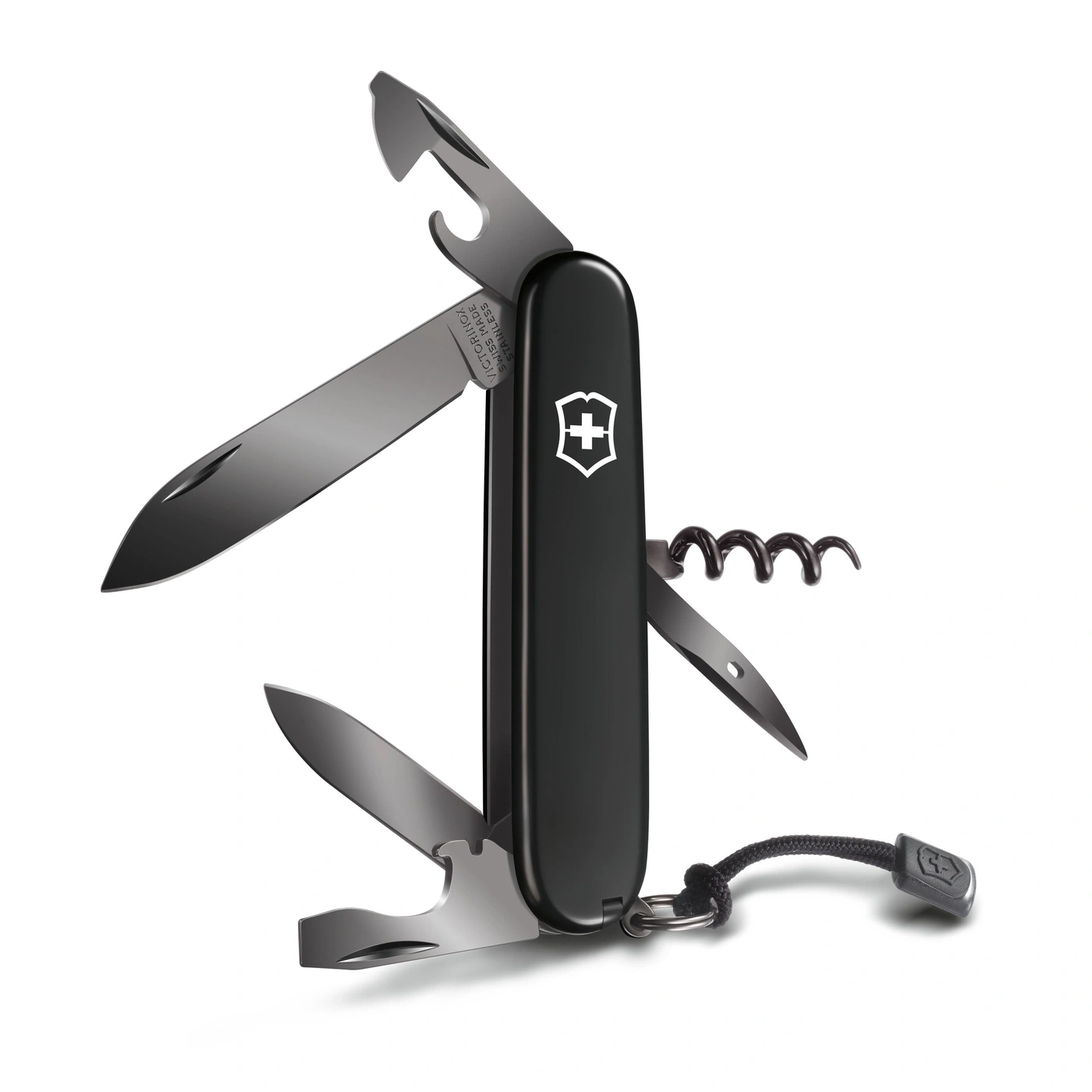 Schwarzes Schweizer Taschenmesser mit geöffneten Werkzeugen und Schnur