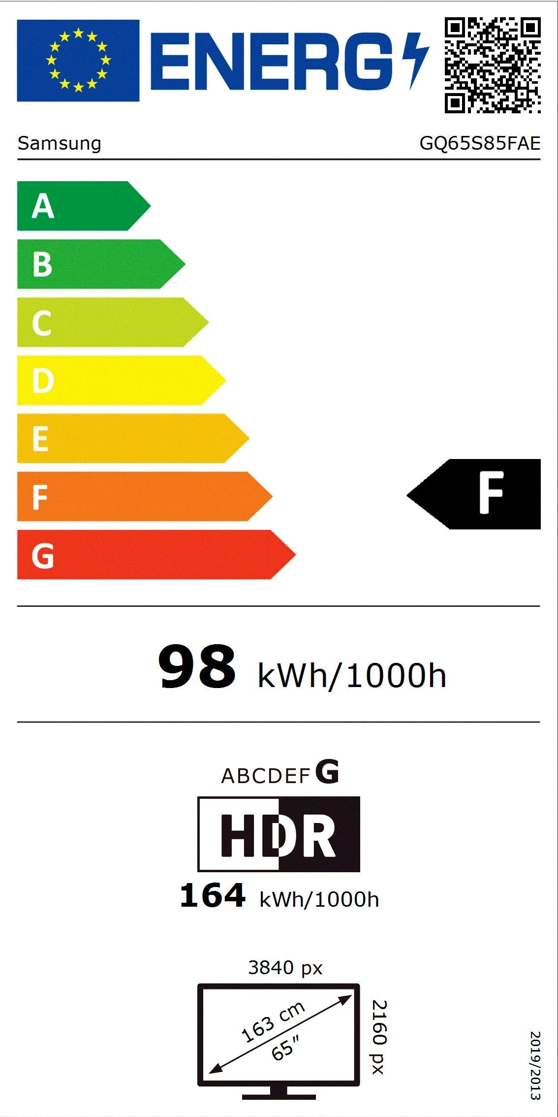 Energielabel für Samsung Fernseher mit Energieeffizienzklasse F und HDR.