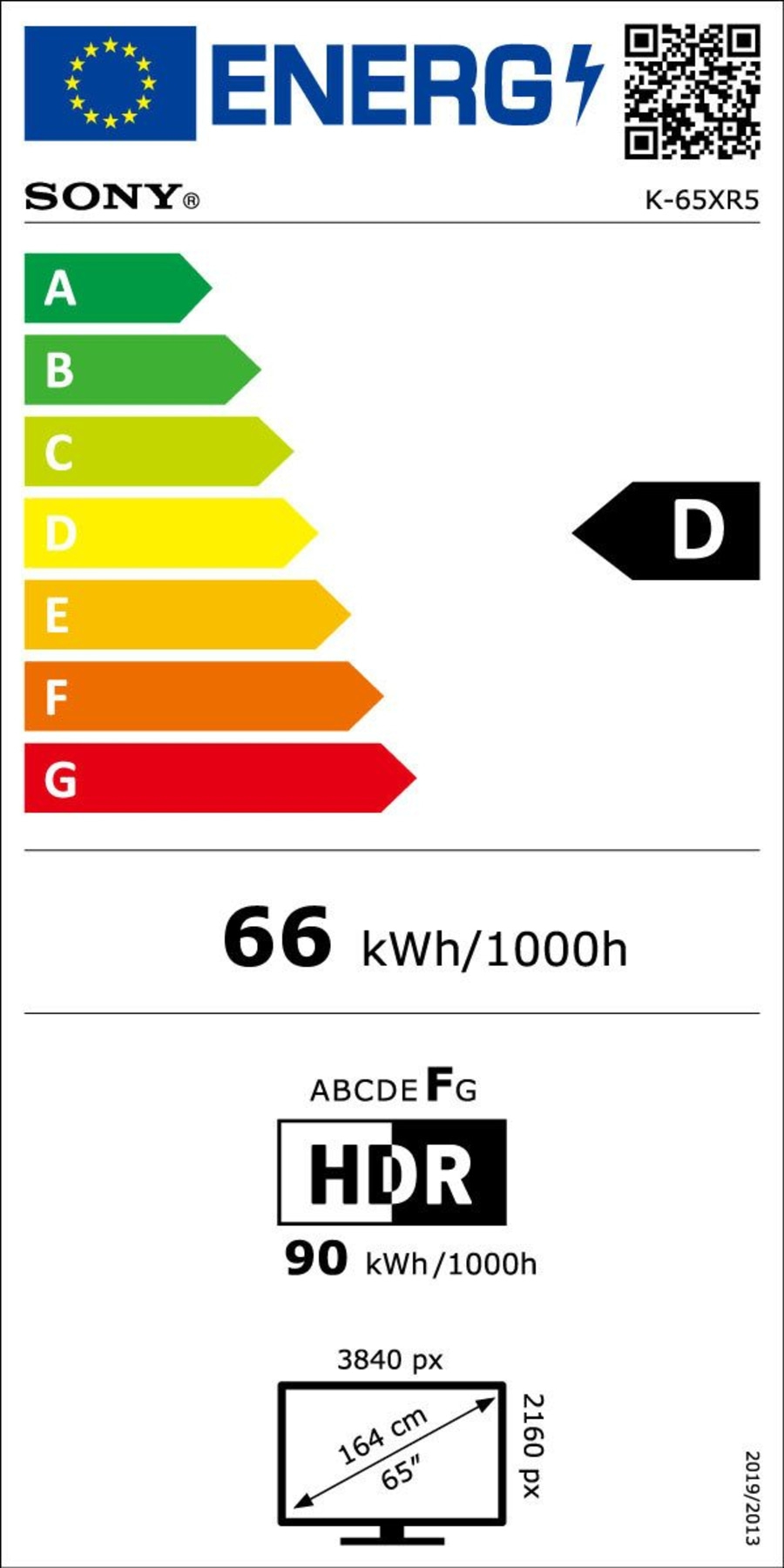 Energieeffizienzlabel Fernseher Sony K-65XR5, Energieklasse D, 66 kWh/1000h, HDR 90 kWh/1000h