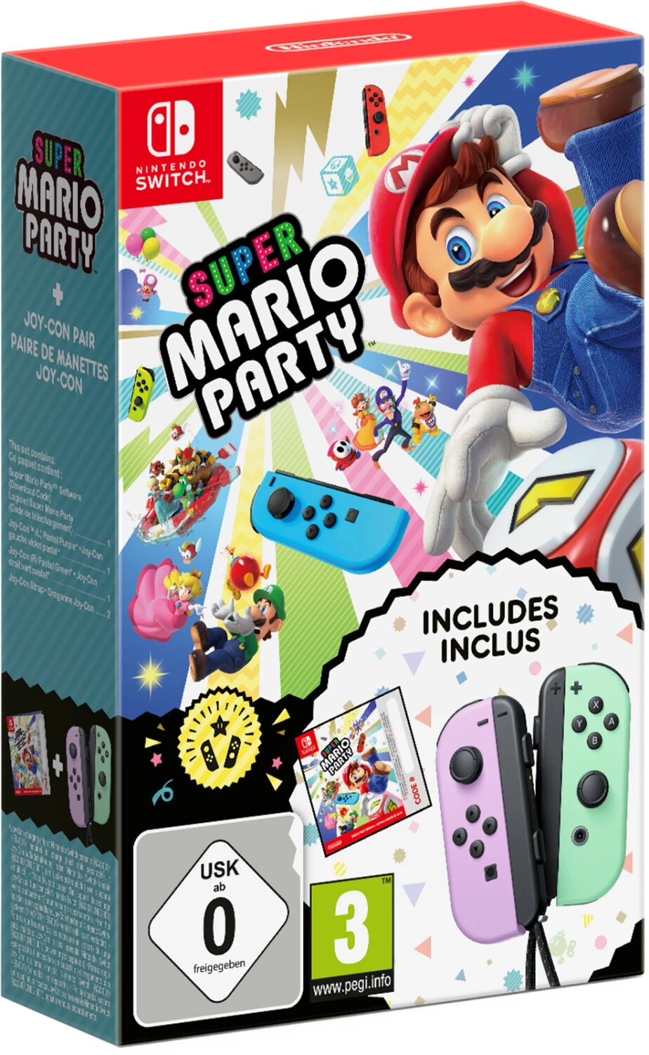Verpackung des Spiels Super Mario Party für Nintendo Switch mit Joy-Con Controllern