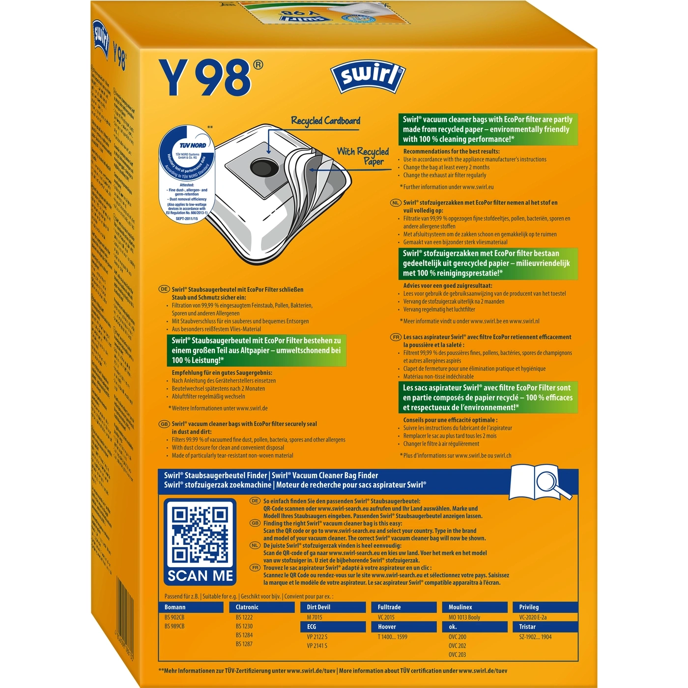 Swirl Staubsaugerbeutel Packung mit Informationen zu Filtern, Modellen und Zertifizierungen, QR-Code zum Scannen.