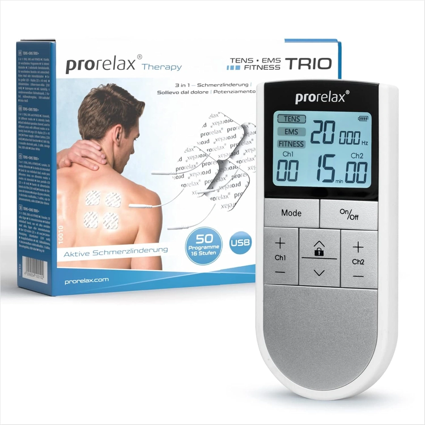 Prorelax Therapy Trio: Schmerzlinderung, Fitness, EMS-Gerät mit Fernbedienung und Pads.