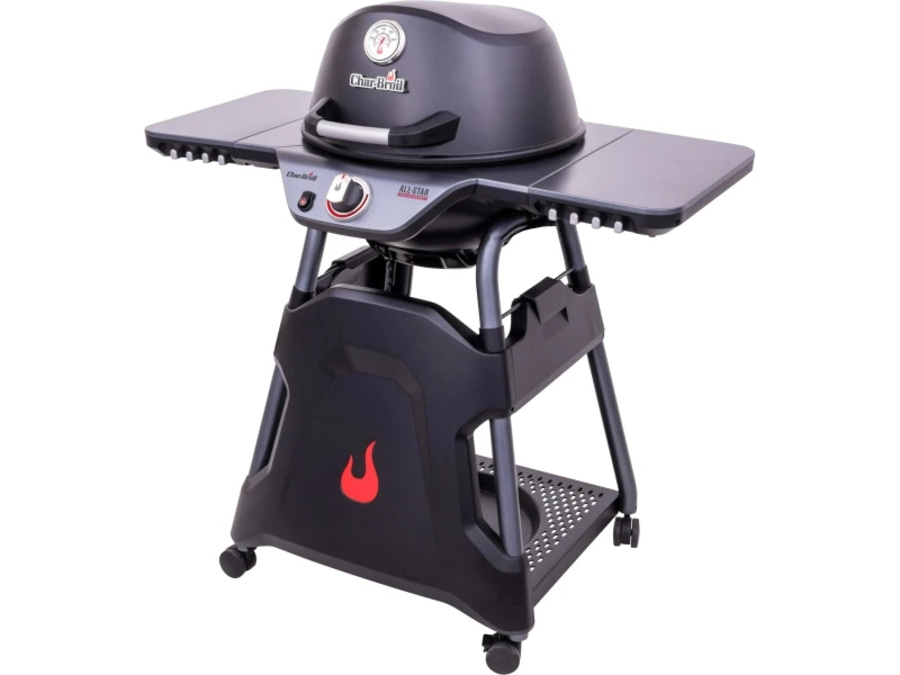 Schwarzer Grill mit Deckel und Ablageflächen, rollbar, Char-Broil.