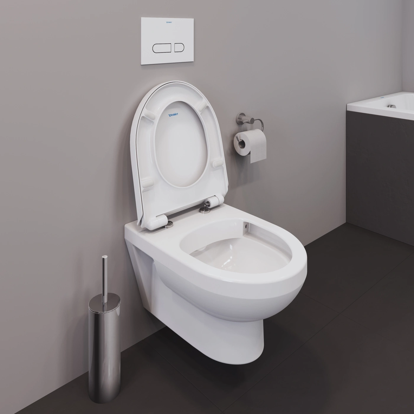 Weißes WC mit Toilettensitz, Toilettenpapierhalter und Toilettenbürste in einem Badezimmer.