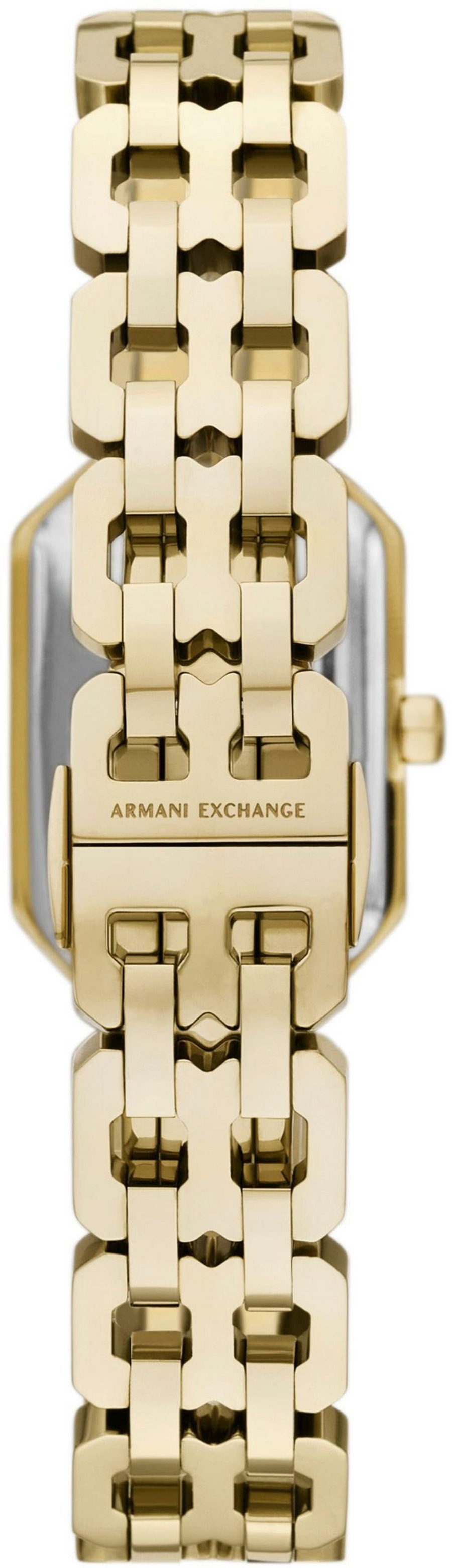 Nahaufnahme eines goldenen Armani Exchange Uhrenarmbands mit Logo
