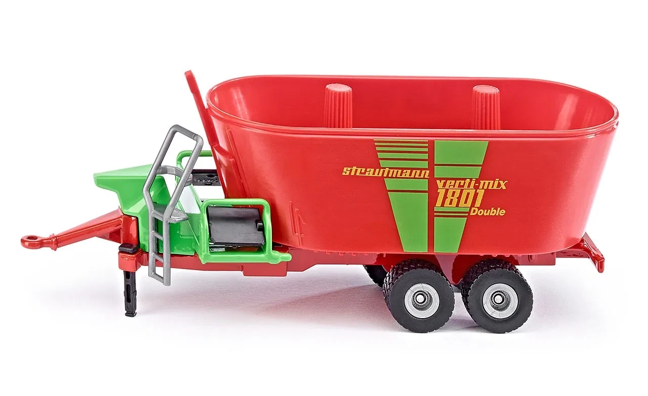 Ein roter und grüner Futtermischwagen mit der Aufschrift "Strautmann verti-mix 1801 Double".