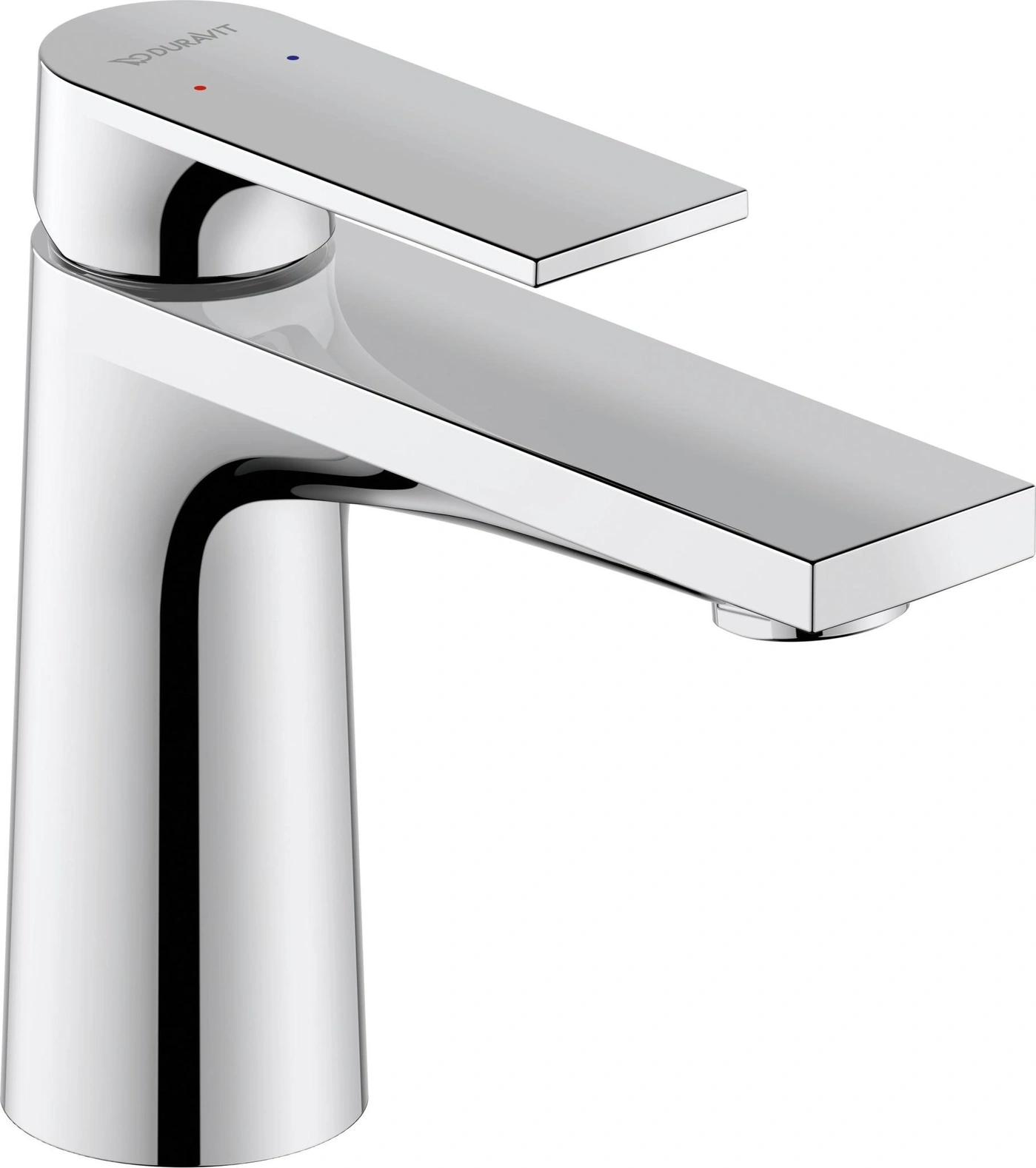 Chrom-Wasserhahn, modernes Design, glänzende Oberfläche, Badezimmerarmatur, Duravit-Logo, Wasserhahn