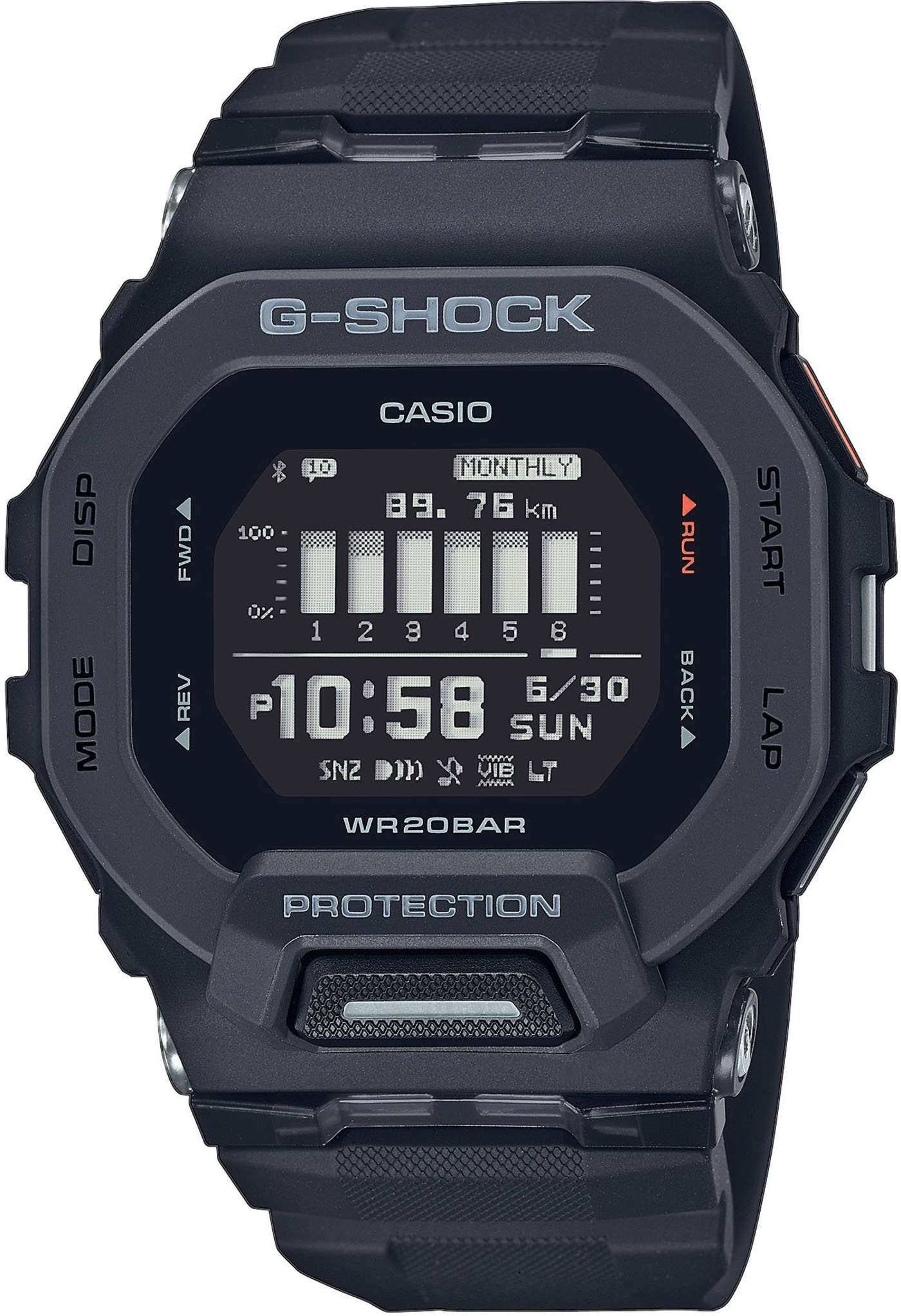 Schwarze G-Shock-Uhr mit digitalem Display, Casio-Logo, Monatsanzeige, km-Anzeige, Schutz