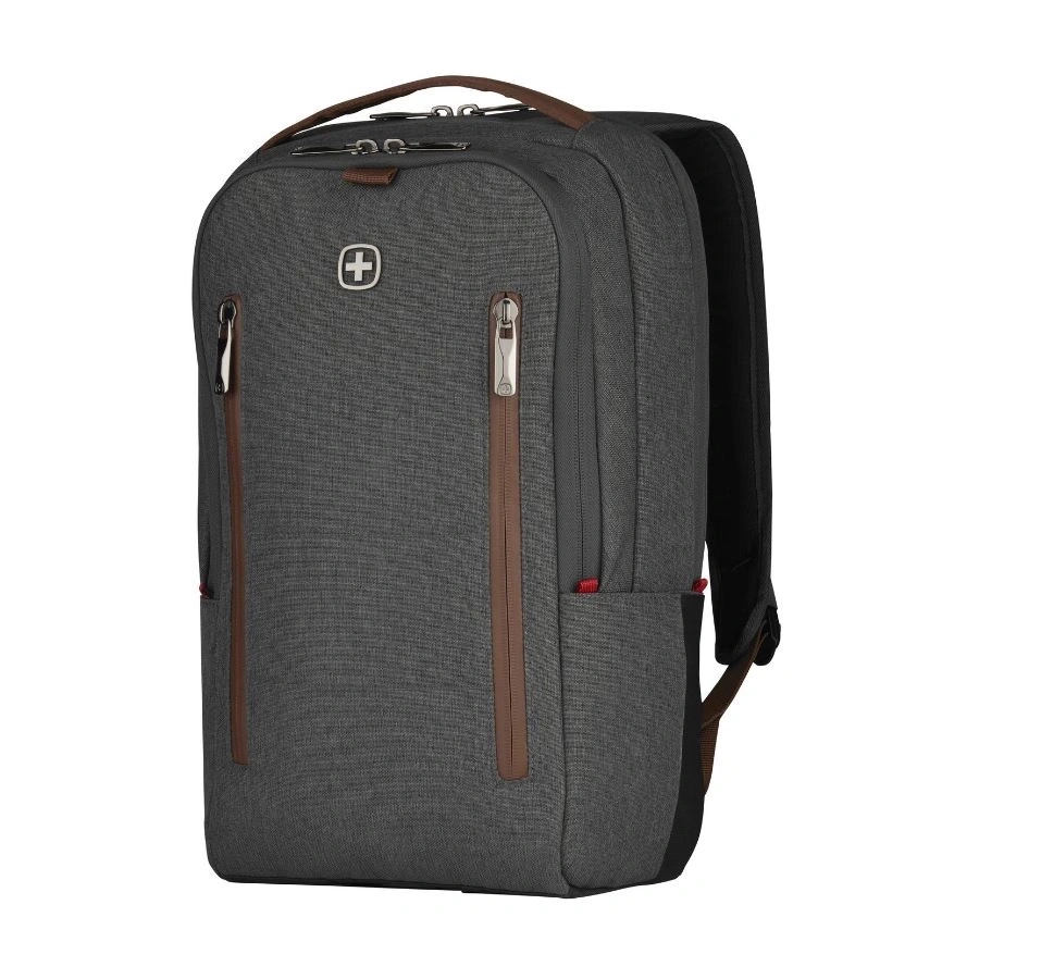 Grauer Rucksack mit braunen Details und Logo, ideal für den Alltag.