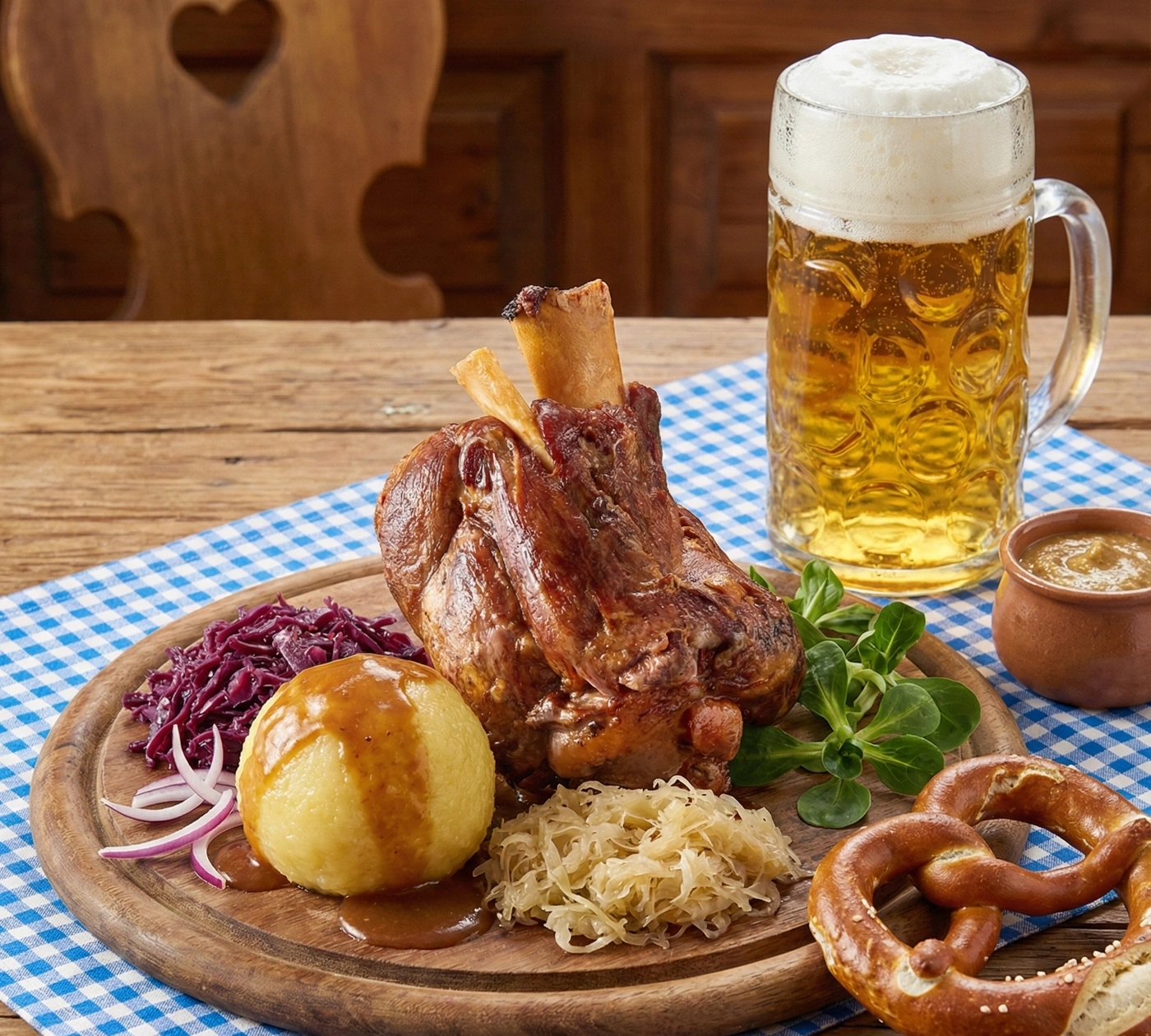 Bayerische Schweinshaxe mit Knödel, Sauerkraut und Bier