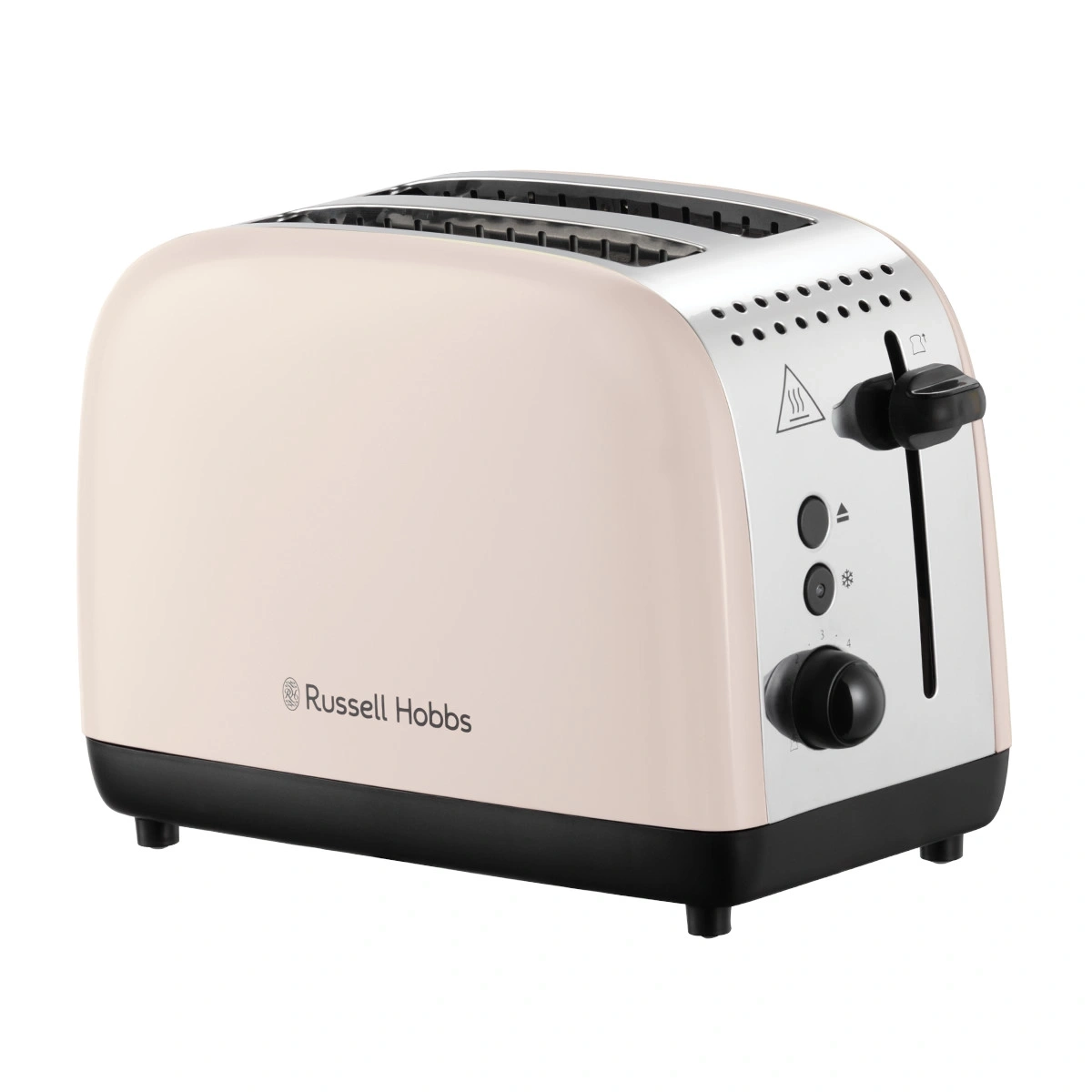 Ein cremefarbener Russell Hobbs Toaster mit schwarzem Sockel und Bedienelementen.