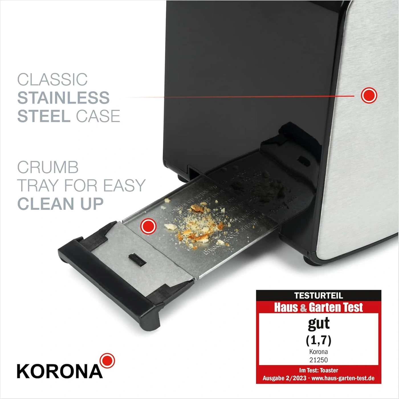 Toaster mit Krümelschublade und Edelstahlgehäuse, Korona, Testurteil gut (1,7)