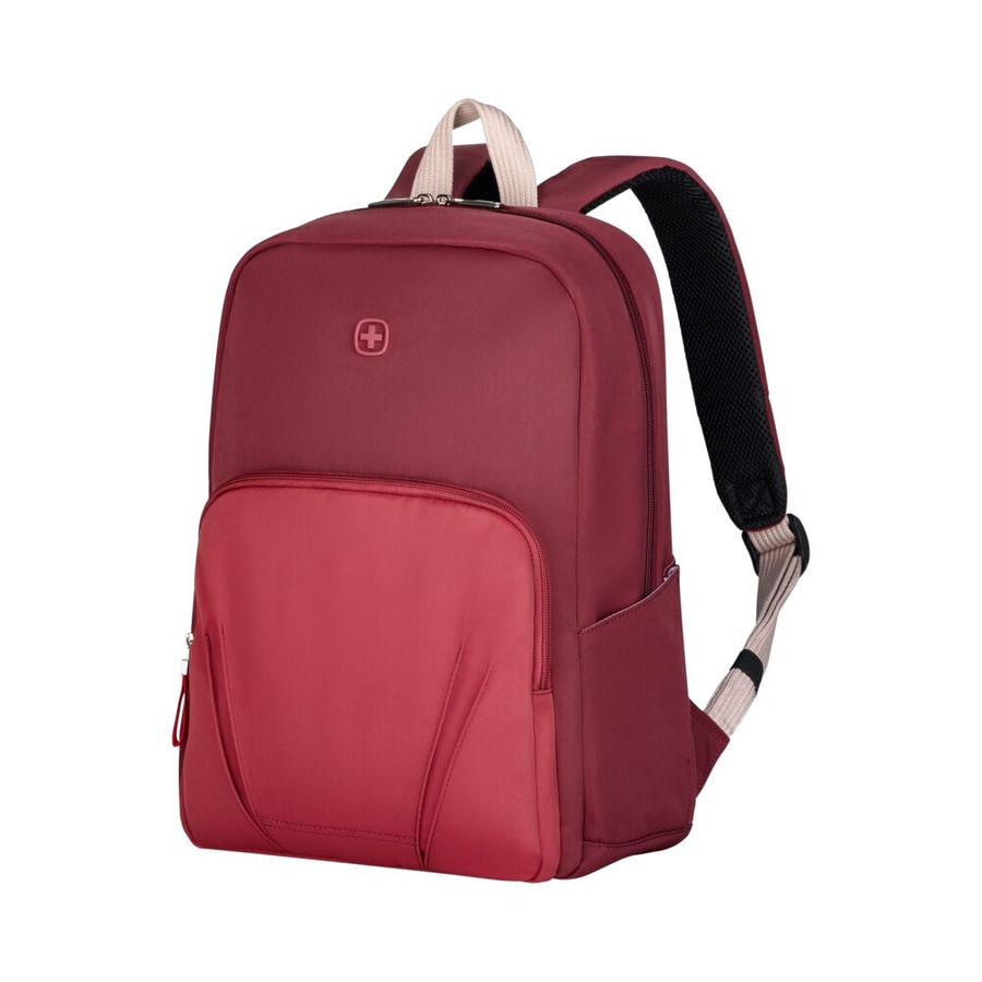 Roter Rucksack mit Reißverschluss und Logo, ideal für den täglichen Gebrauch und Reisen.
