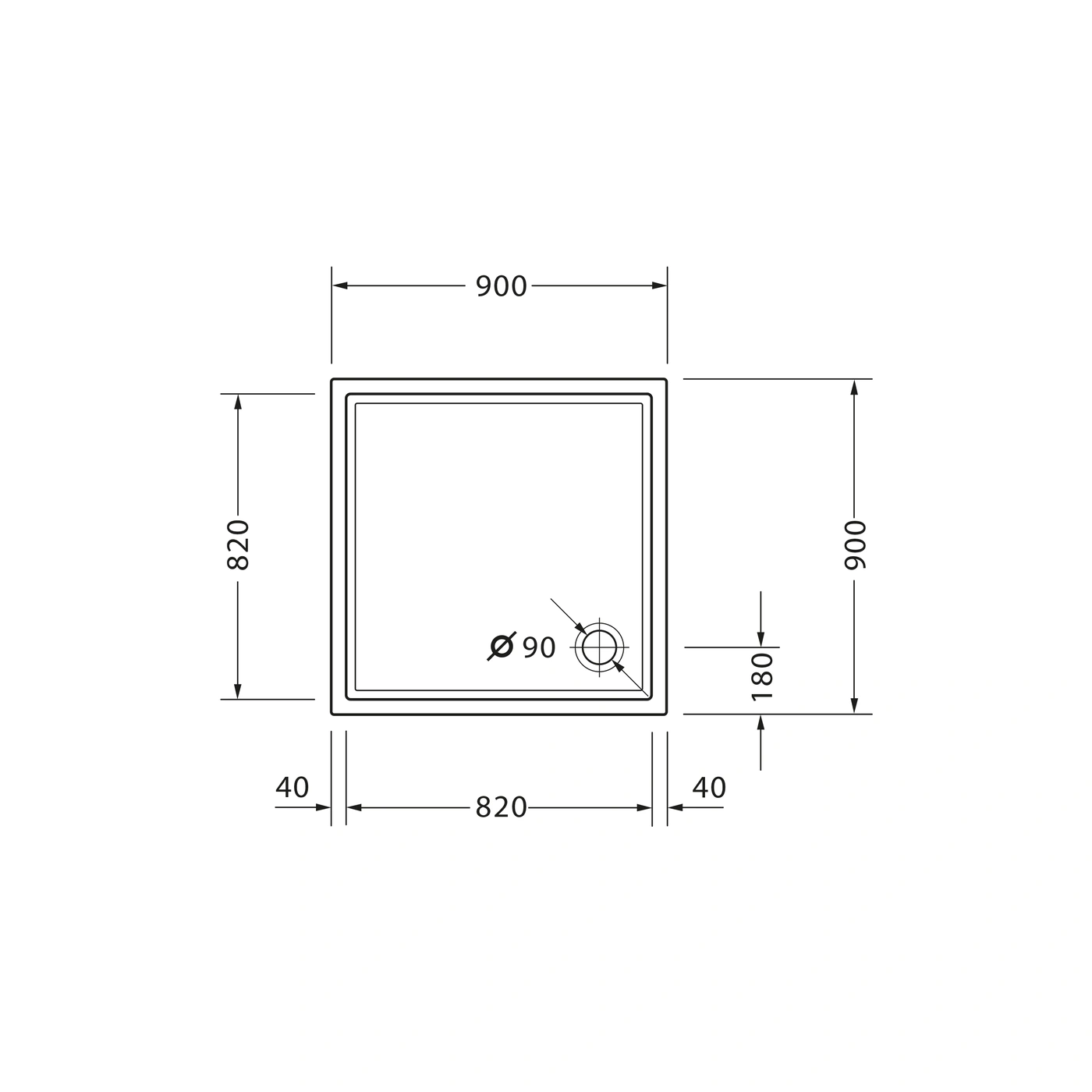 Duschwanne mit Maßen: 900x900mm, Durchmesser des Abflusses 90mm, 820mm