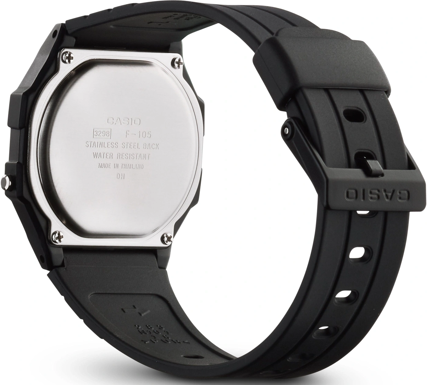 Schwarze Casio-Uhr mit Edelstahlrückseite und Wasserbeständigkeit, hergestellt in Thailand.