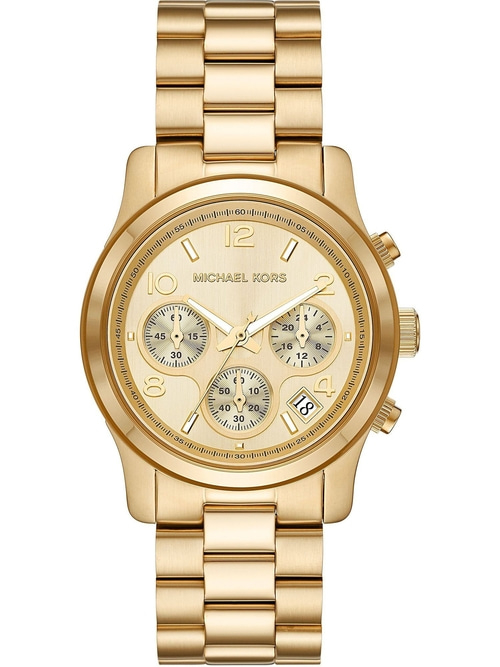 goldene Michael Kors Uhr mit drei Zählern und Datumsanzeige