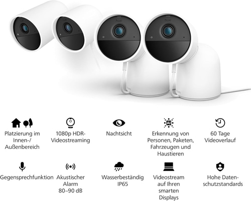 Kamerasystem mit Funktionen wie Nachtsicht, Videoüberlauf und Erkennung von Personen.
