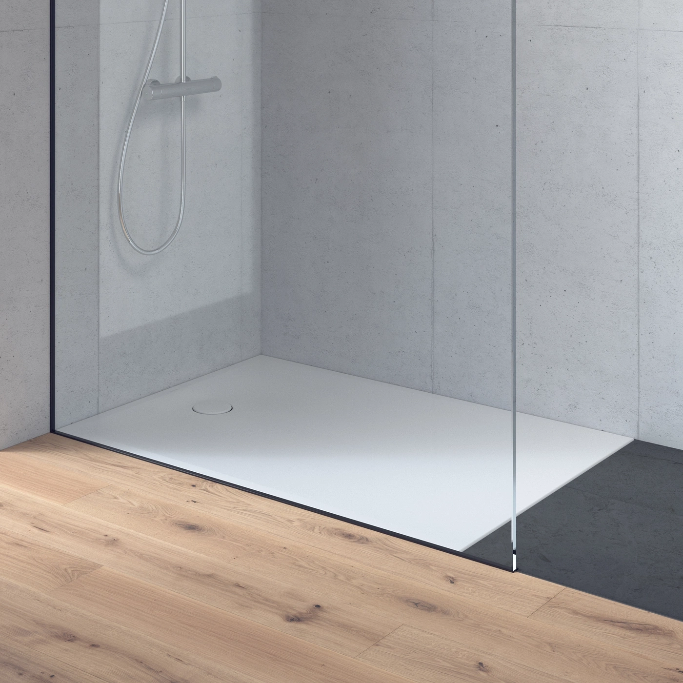 Duschkabine mit Holzboden und Betonwand, minimalistisches Badezimmerdesign