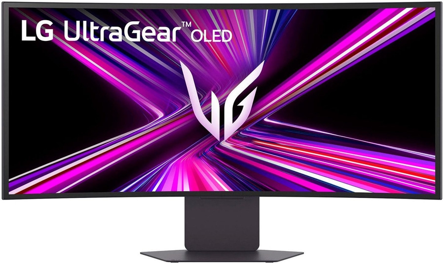 LG UltraGear OLED Gaming Monitor mit kurvigem Display und abstraktem Hintergrund