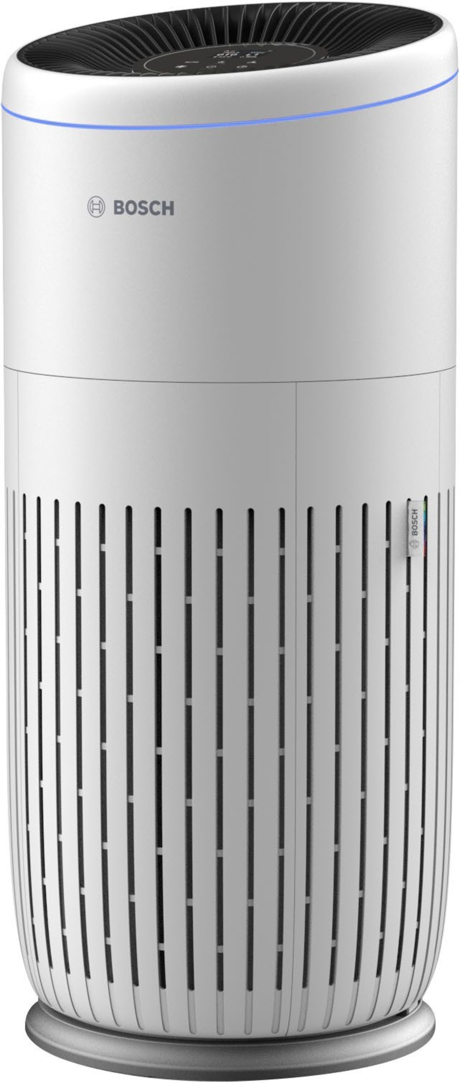 Ein weißer Bosch Luftreiniger mit Lüftungsschlitzen und blauer Beleuchtung.