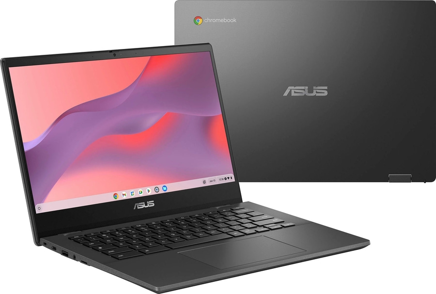 Grauer Laptop mit Chromebook-Logo und ASUS-Logo, geöffnet und geschlossen.