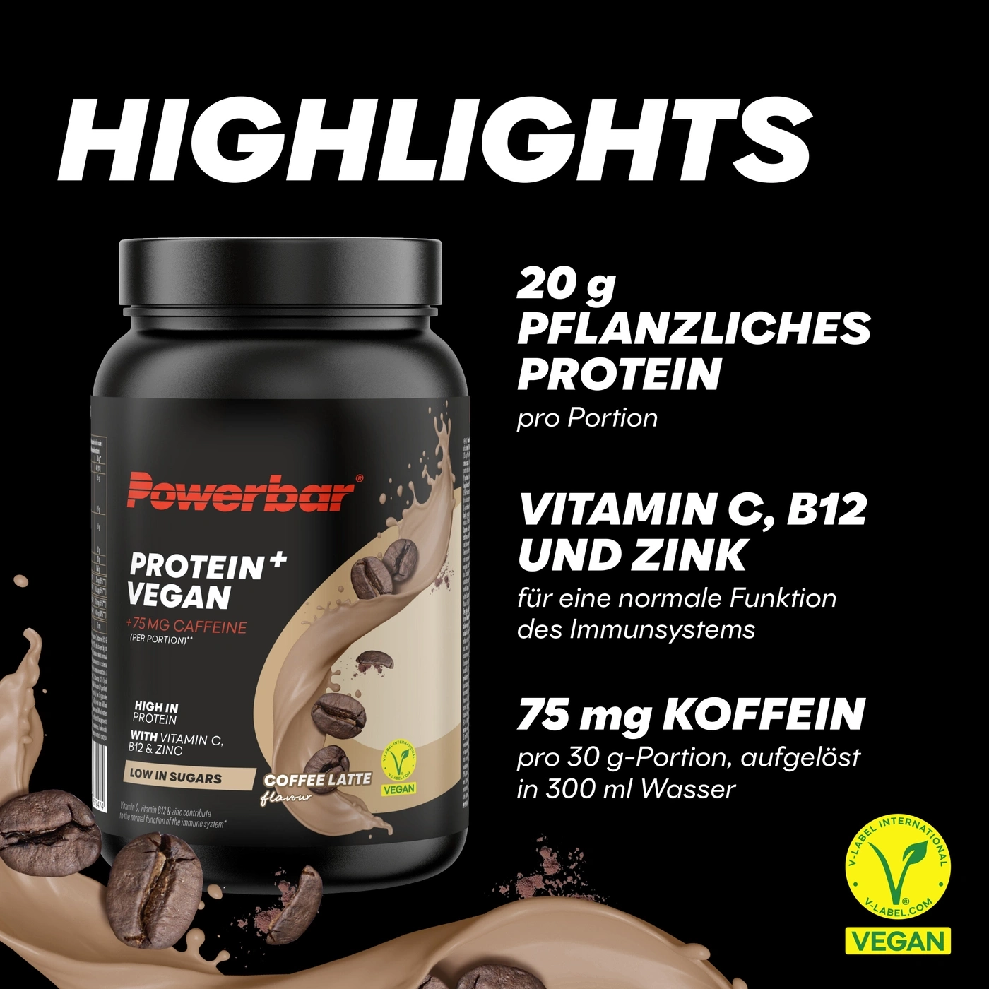 Powerbar Protein+ Vegan Kaffeelatte mit 20 g pflanzlichem Protein und 75 mg Koffein