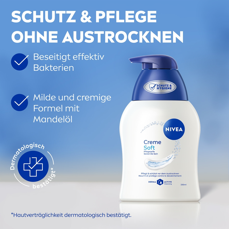 Nivea Handseife "Creme Soft" mit Mandelöl: Schutz & Pflege ohne Austrocknen, dermatologisch bestätigt.