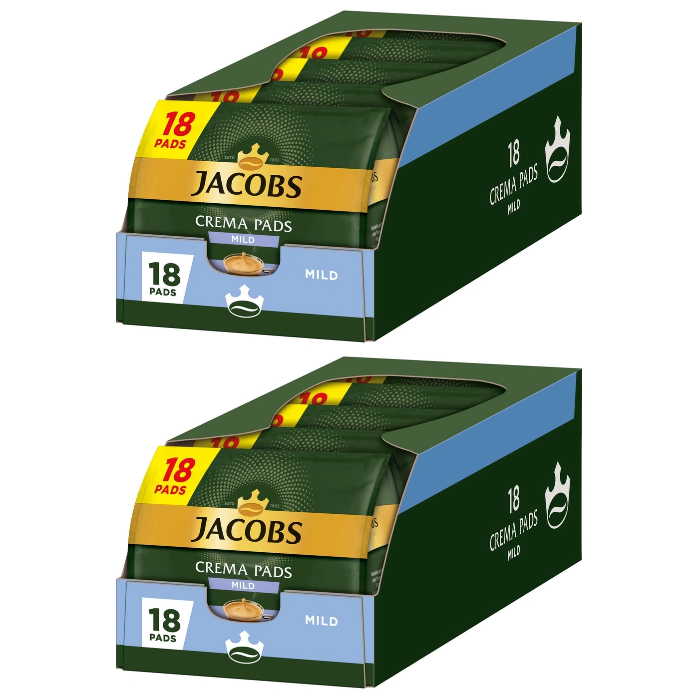 Zwei Jacobs Crema Pads Packungen mit 18 Pads, mild, Kaffee