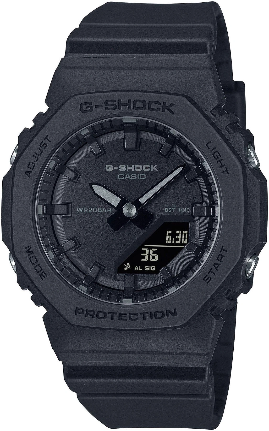 Schwarze G-Shock Casio Uhr mit Digitalanzeige und Analogzeigern