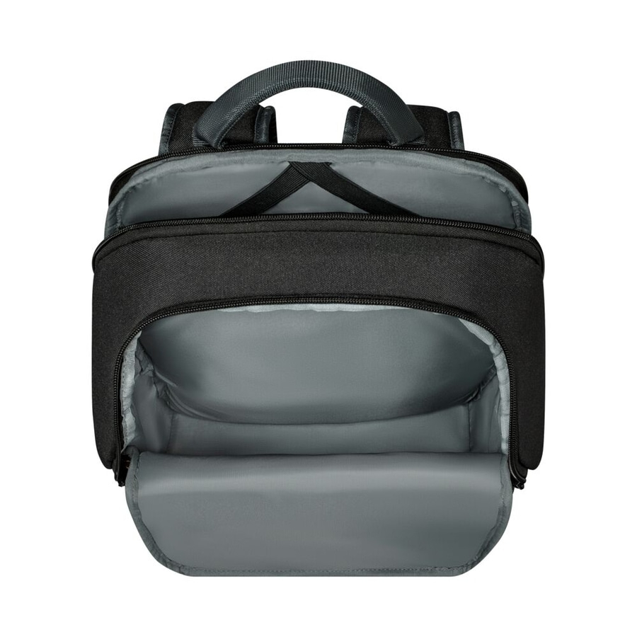 Schwarzer Rucksack, offen, mit grauem Innenfutter, Tragegriff, Reißverschluss, leer, Textil