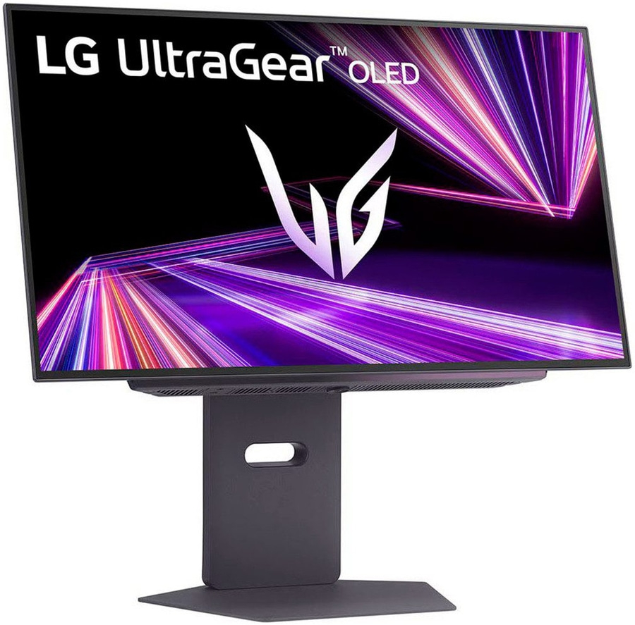 LG UltraGear OLED Monitor mit Standfuß, schwarzer Bildschirm, violette Grafik