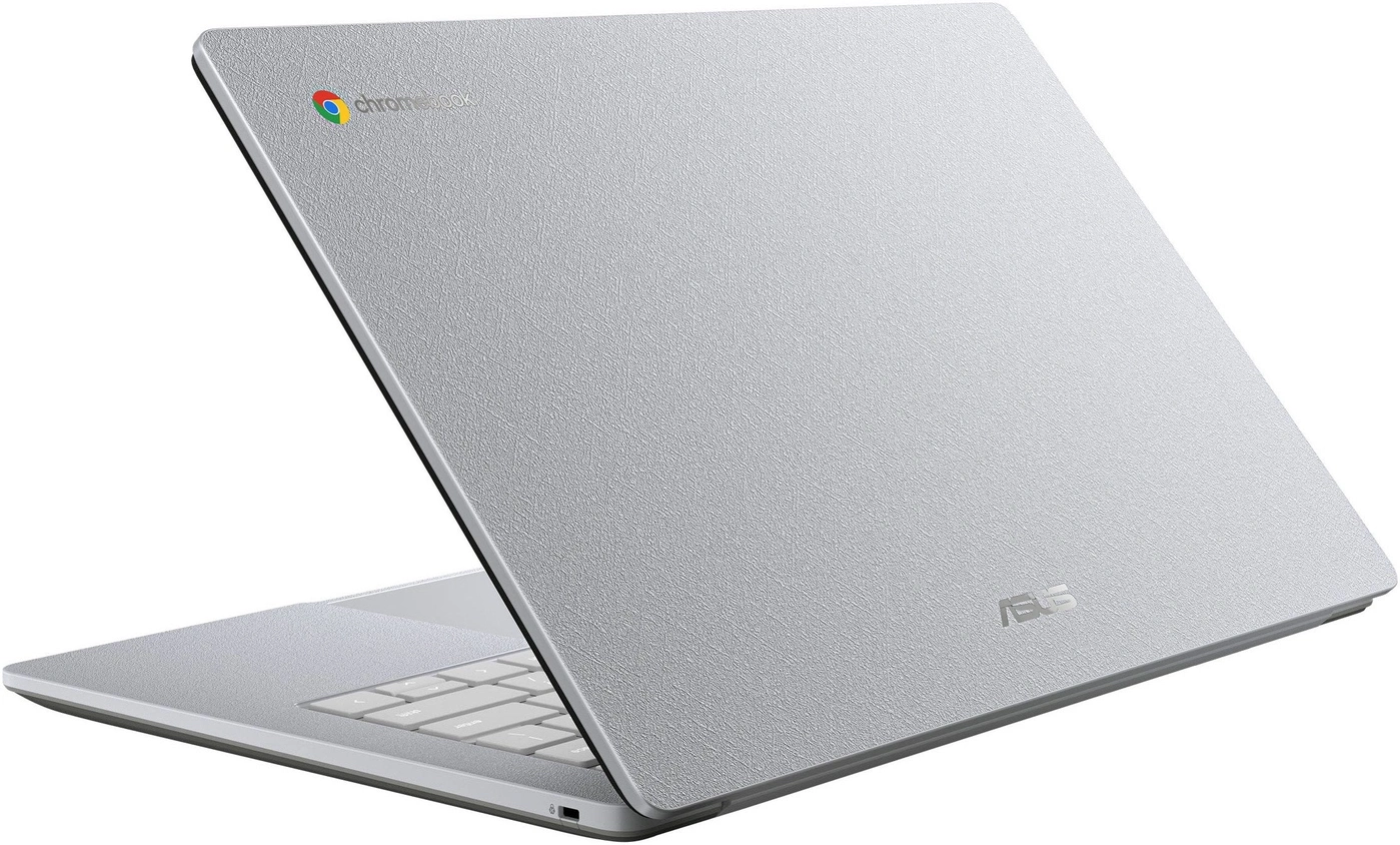 Silberner Asus Chromebook mit einem grobkörnigen Finish.