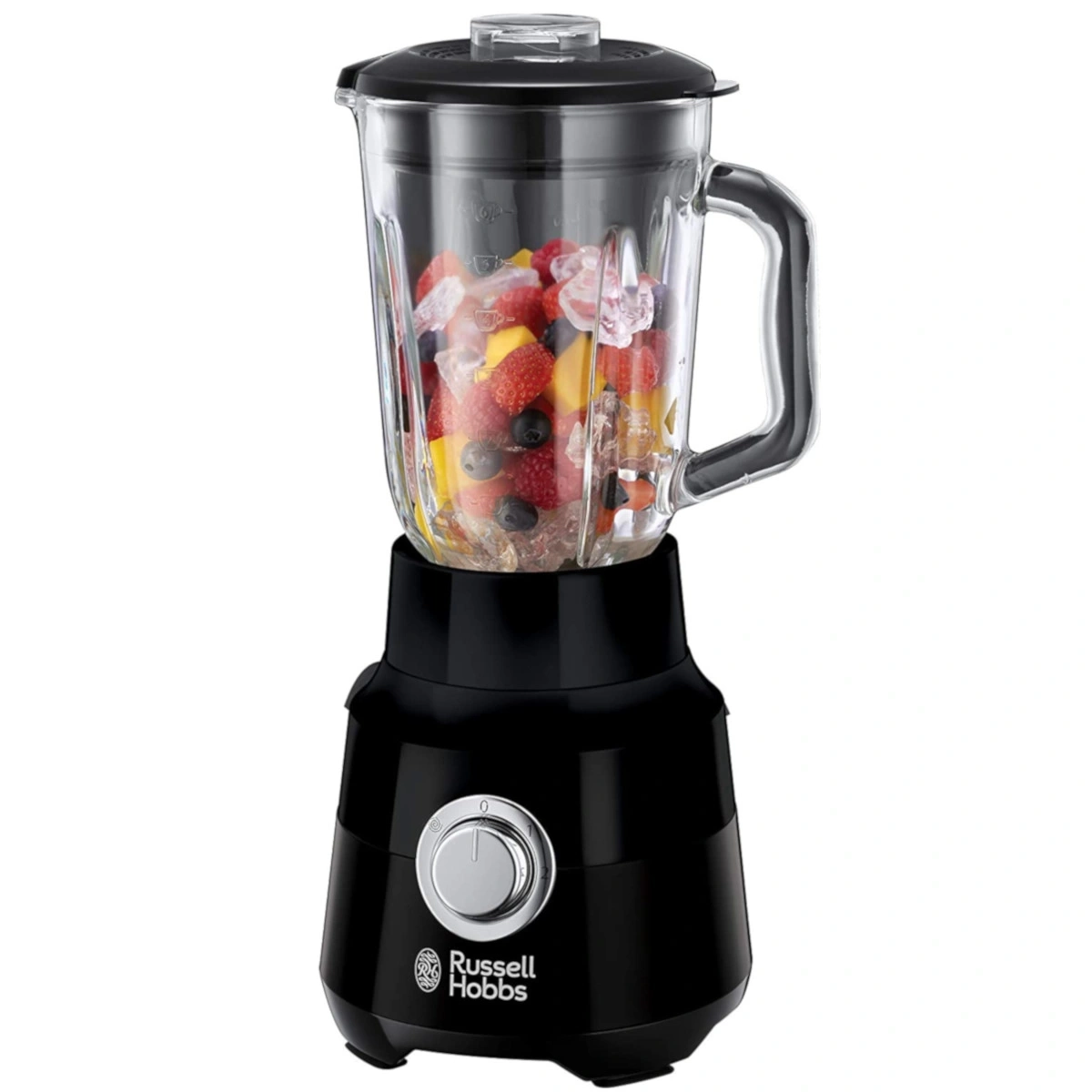 Ein schwarzer Russell Hobbs Standmixer mit Früchten und Eiswürfeln gefüllt.