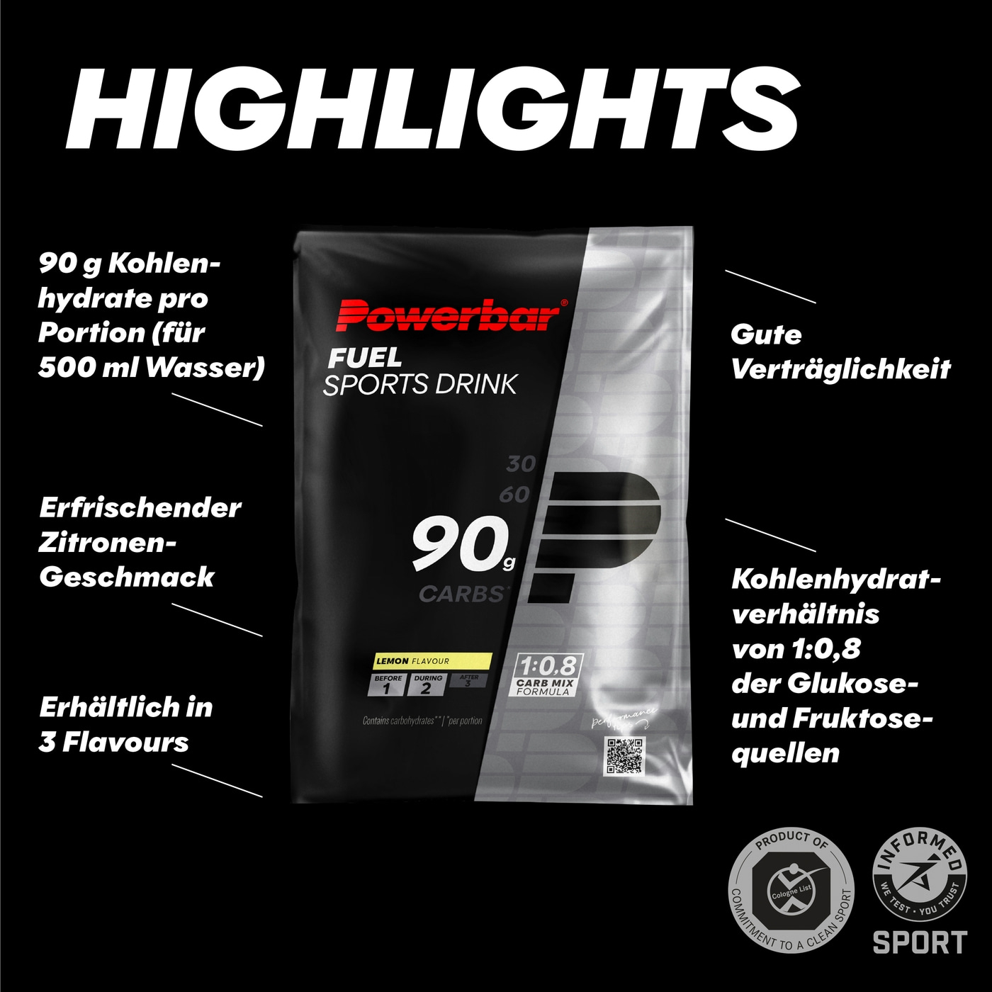 POWERBAR Kohlenhydratgetränk Fuel 90 Lemon High Carb Sports Drink 10 x 94 g