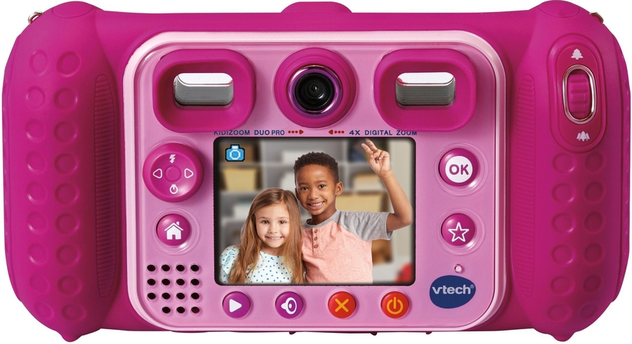 Pinke VTech Kidizoom Duo Pro Digitalkamera mit zwei Kindern auf dem Bildschirm.