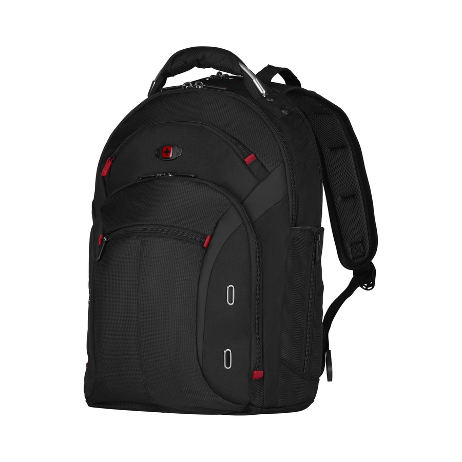 Schwarzer Rucksack mit roten Akzenten und Schweizer Kreuz-Logo, isoliert