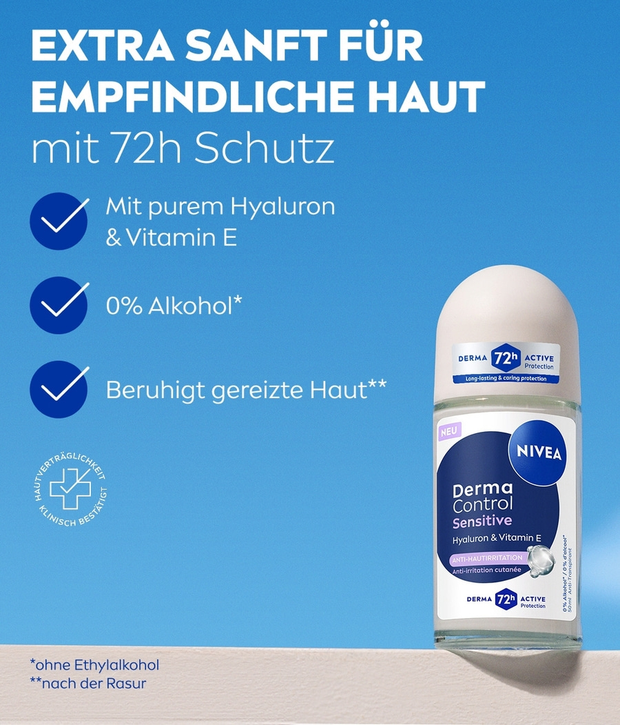 Nivea Derma Control Sensitive Deodorant Roll-On for sensitive skin with 72h protection.
