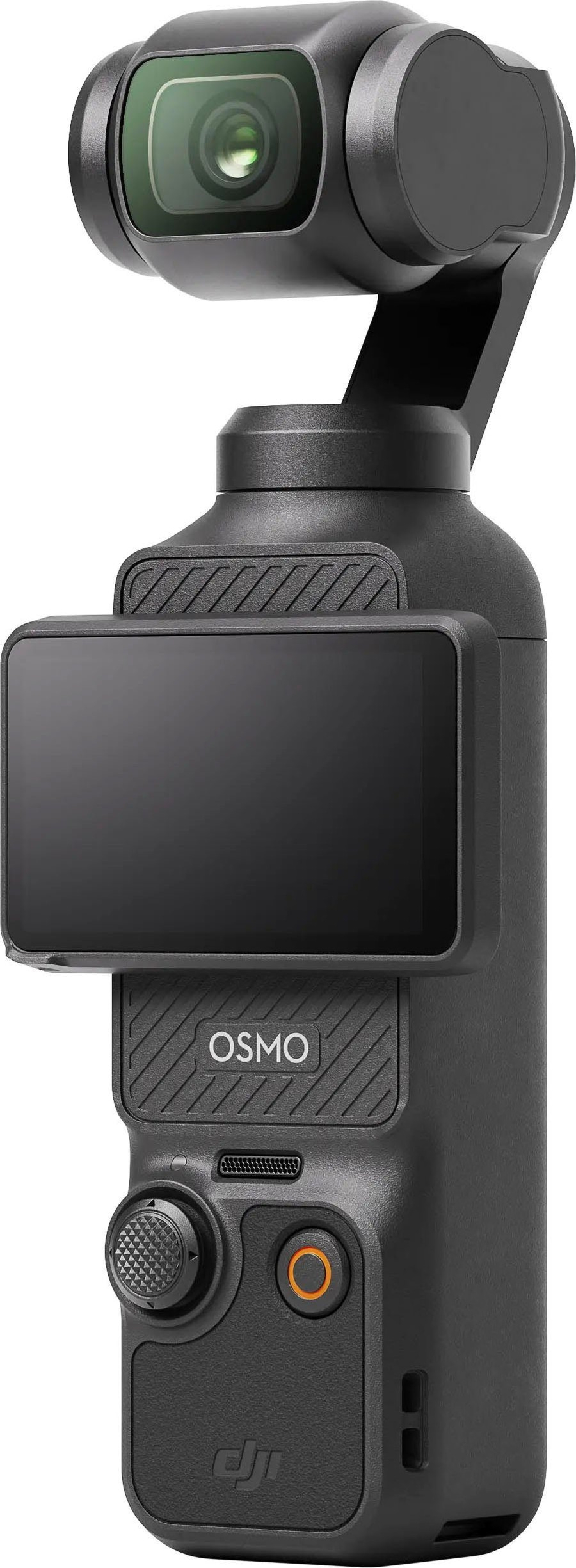 Ein schwarzer DJI Osmo Action 3 Kamera-Gimbal mit Bildschirm und Joystick.