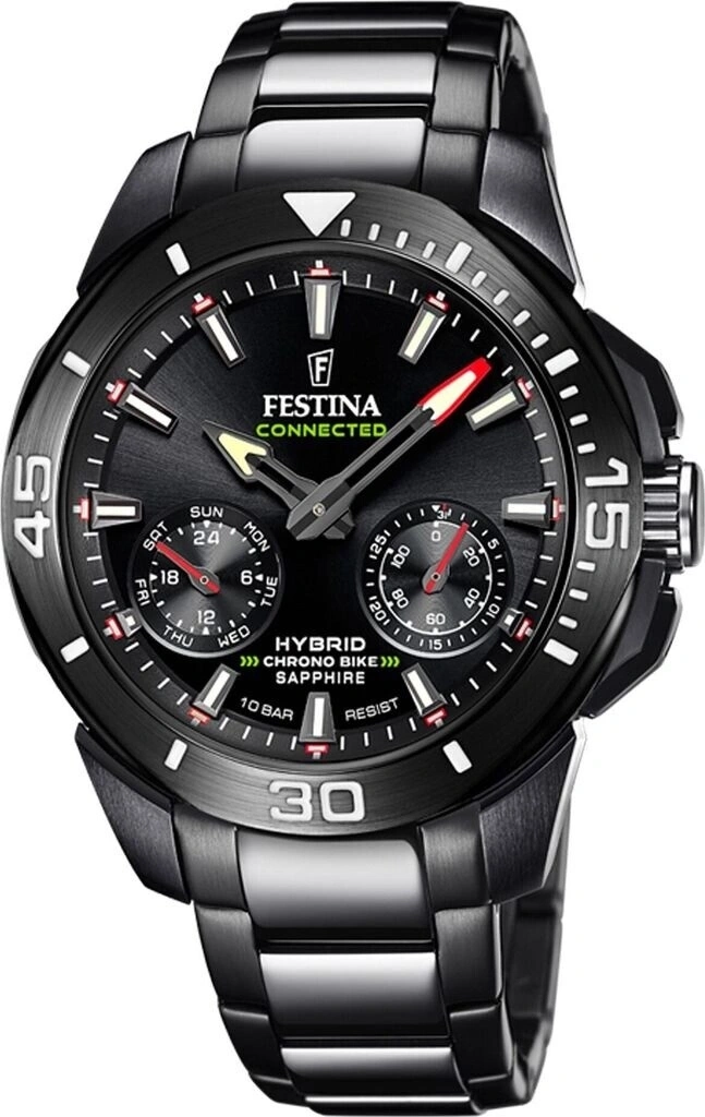 Schwarze Festina Connected Hybrid Chrono Bike Armbanduhr mit silbernen Akzenten auf dem Zifferblatt und Armband.