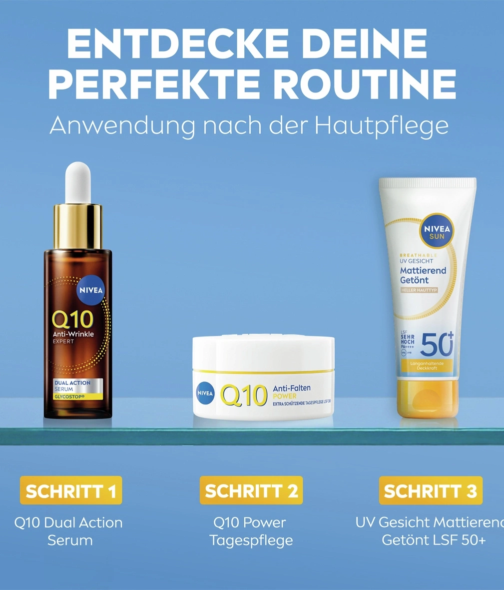 Nivea Q10 Produkte für die perfekte Hautpflege-Routine: Serum, Tagespflege und getönte LSF 50 Sonnencreme.